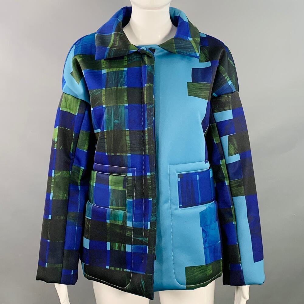 ROHKA S Blue Multi Color Polyester Woven Padded Oversized Hidden Zip Up Jacket